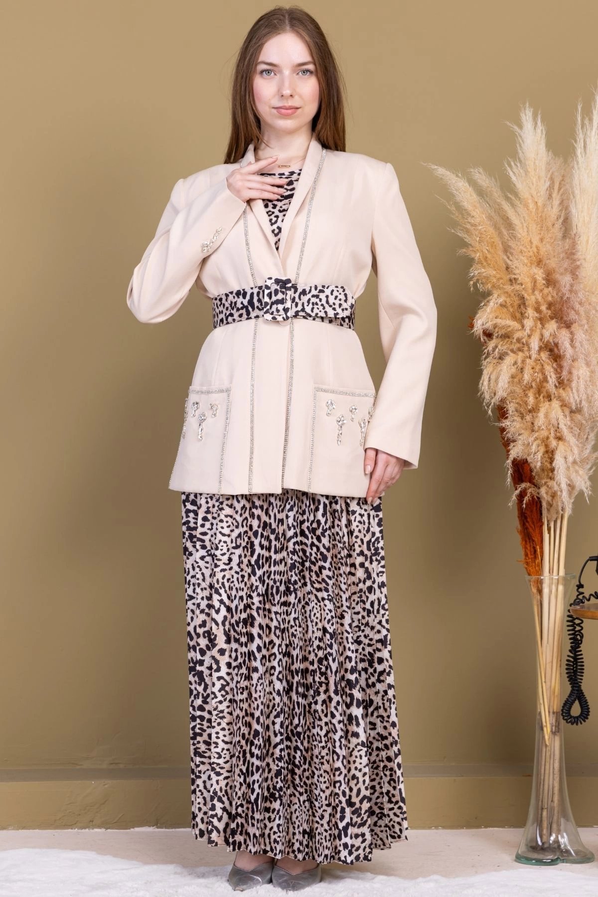 Leopar Desenli Ceketli Üçlü Takım 4715-Bej