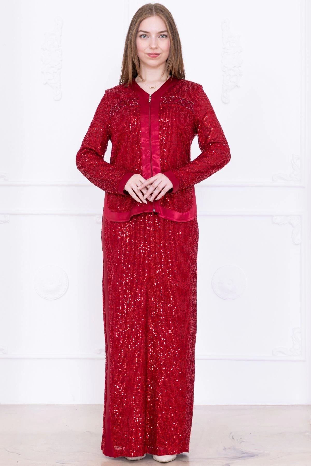 V Yaka Payetli İkili Takım 4716-Bordo