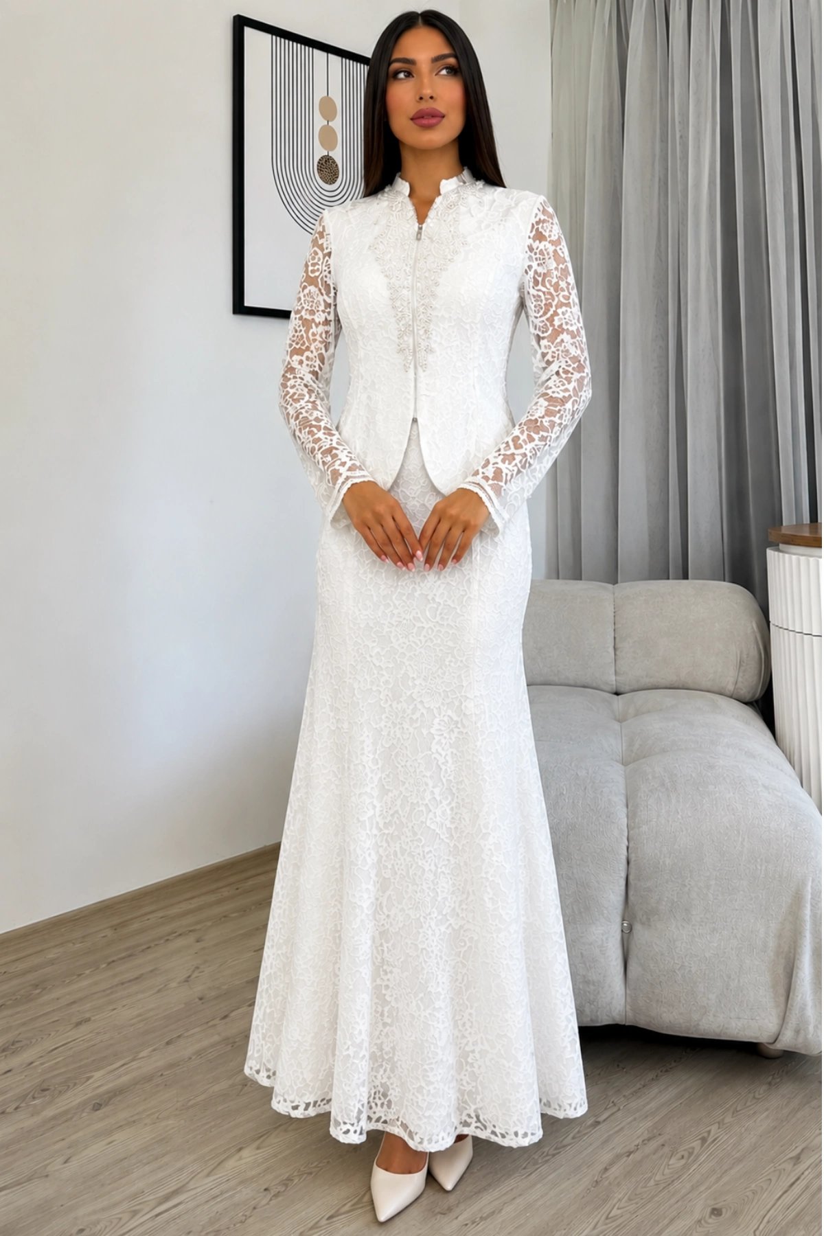 V Yaka İşleme Detaylı Dantel İkili Takım 4717-Beyaz