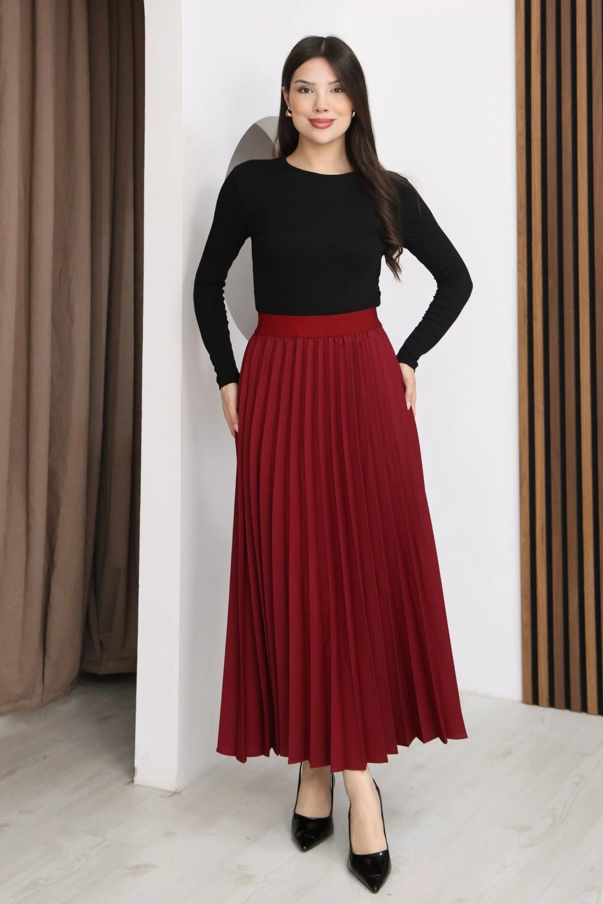 Beli Lastikli Piliseli Etek 6017-Bordo
