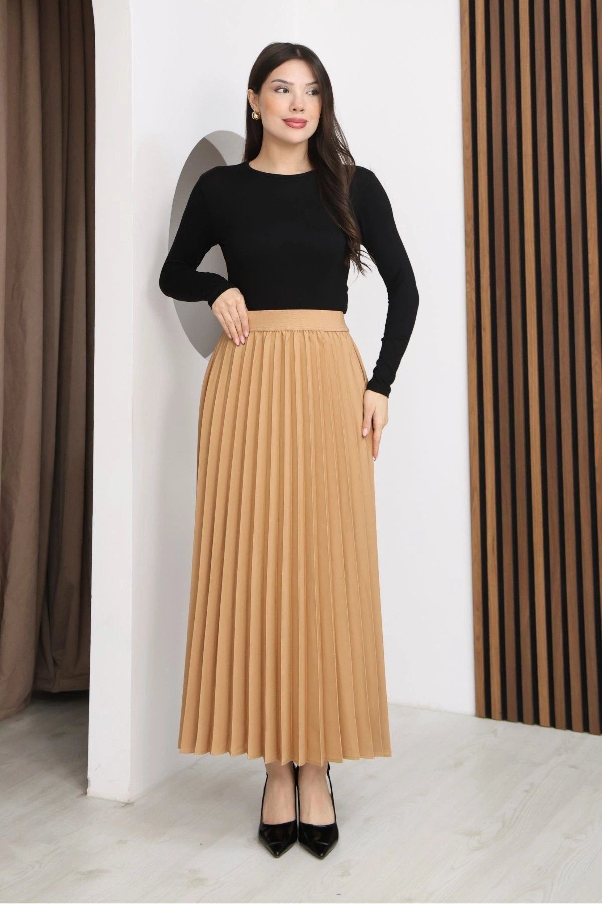 Beli Lastikli Piliseli Etek 6017-Camel