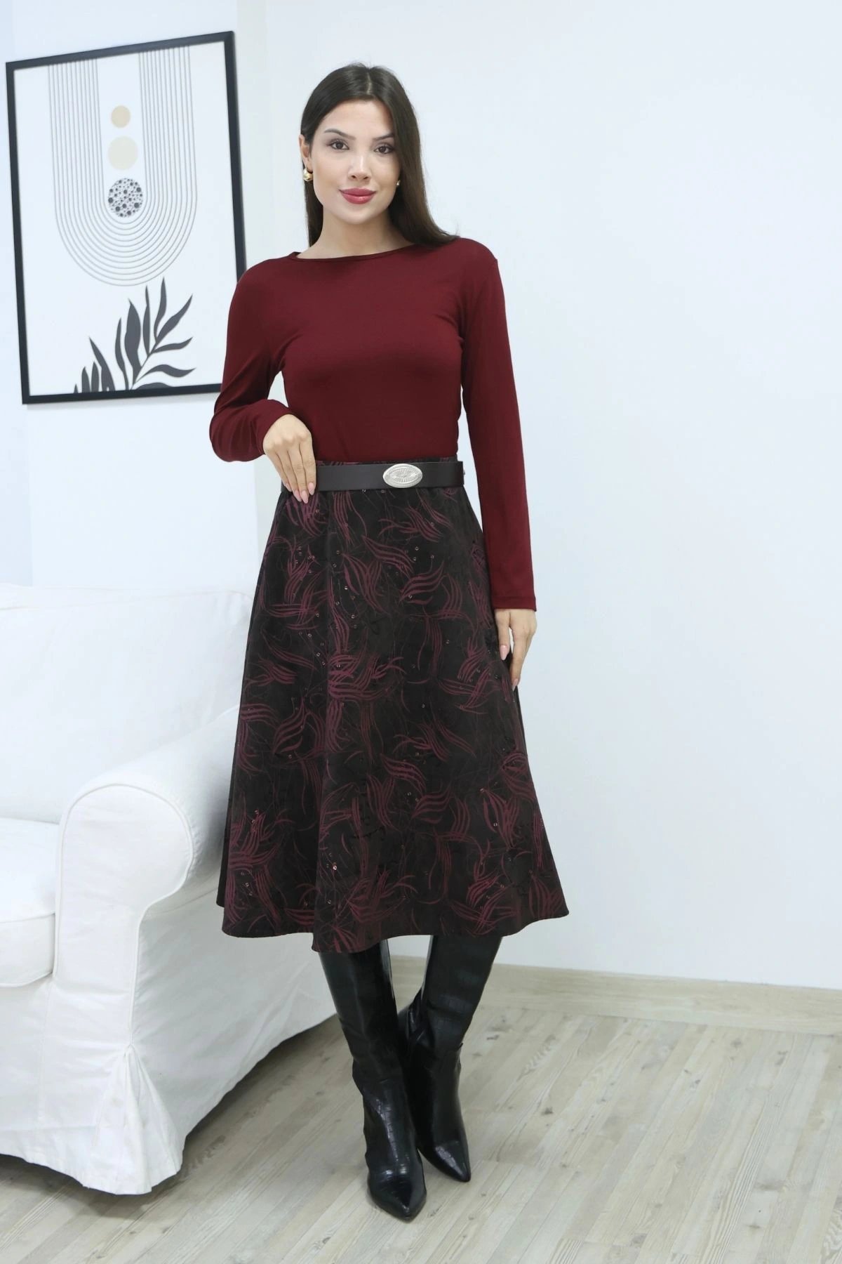 Baskılı ve Kemerli Kadife Etek 6069-Kahve/Fuşya