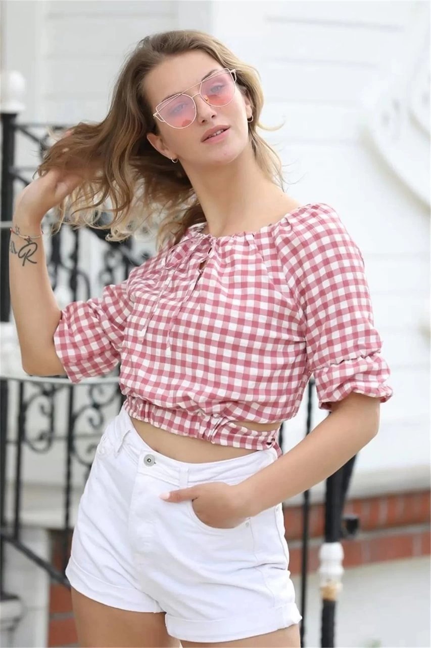 Bağlama Detaylı Crop Bluz 1736 Gül Kurusu